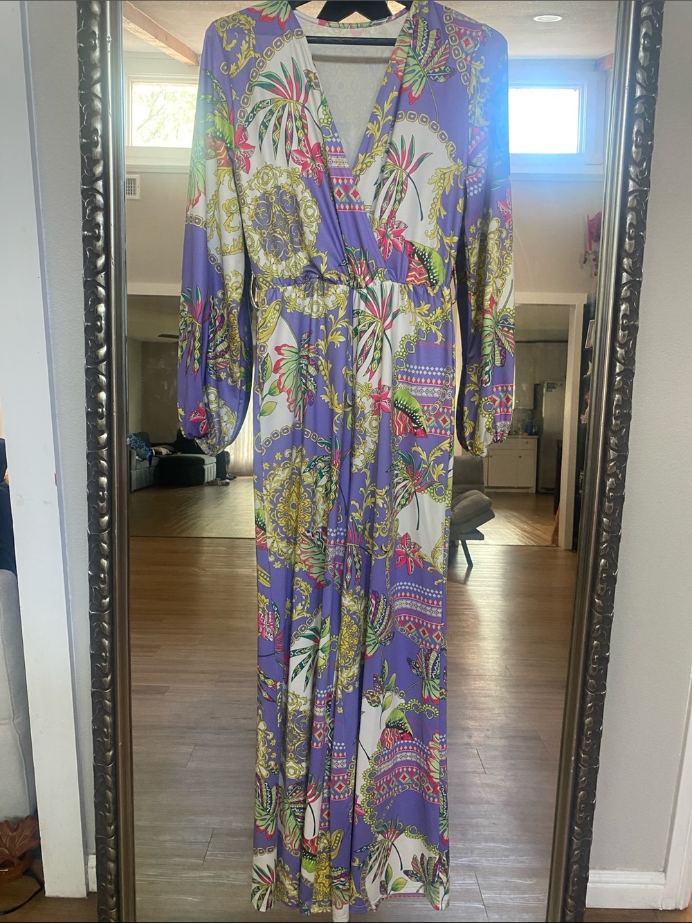 Amazon Purple Floral Print Wrap Jumpsuit with Green & Pink Accents